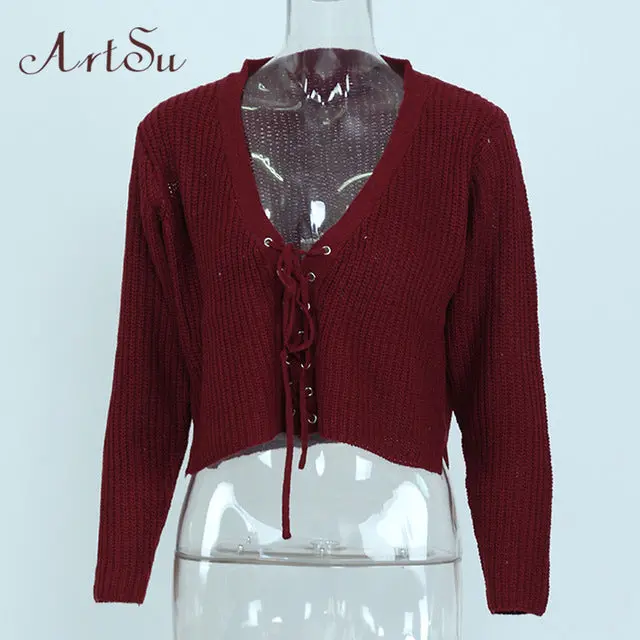 Artsu 2017 Long Sleeve Sweater Casual Loose Preppy Crop Tops Autumn Short Knitted Lace Up Sweaters Jumper Cardigan Assw30010 2