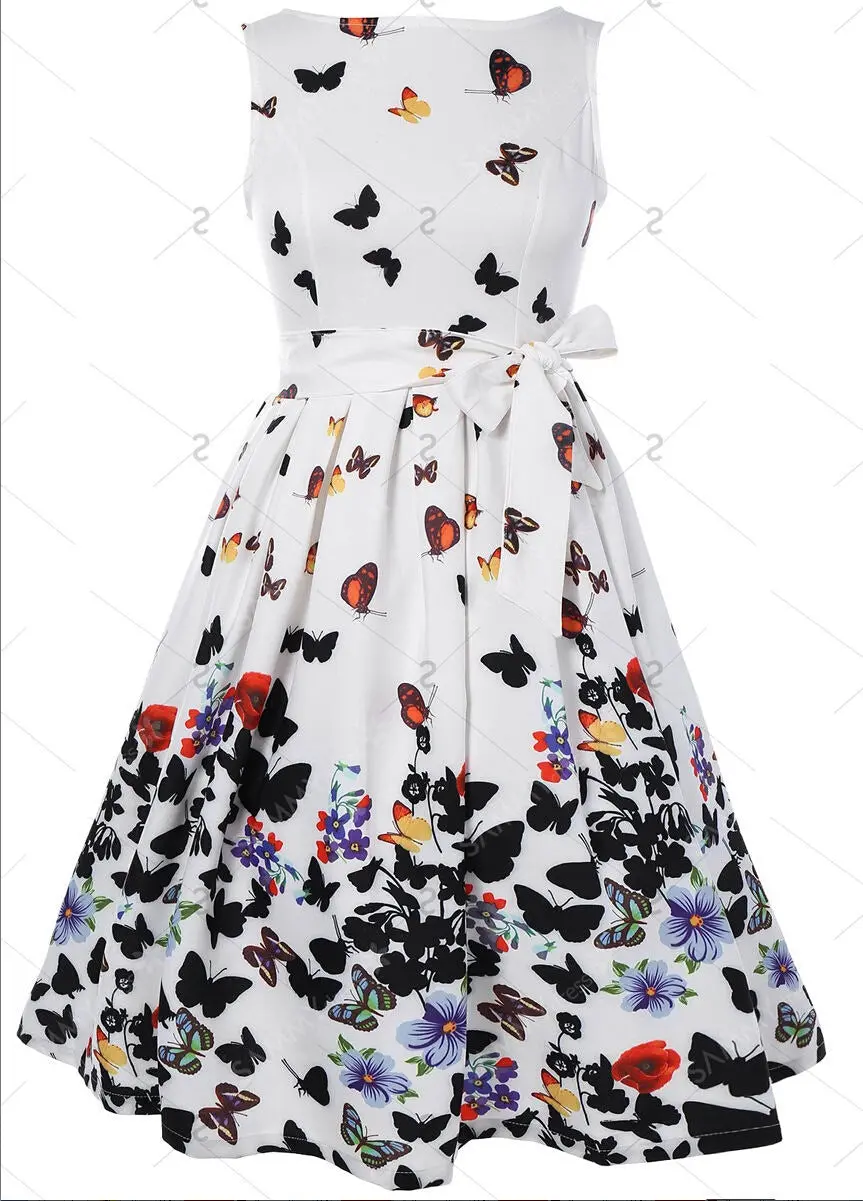 New Women Vintage 50S 60S Retro Swing Pinup Sleeveless Evening Garden Party Pleated Dress Sweet Womens Butterfly Print Dresses 1