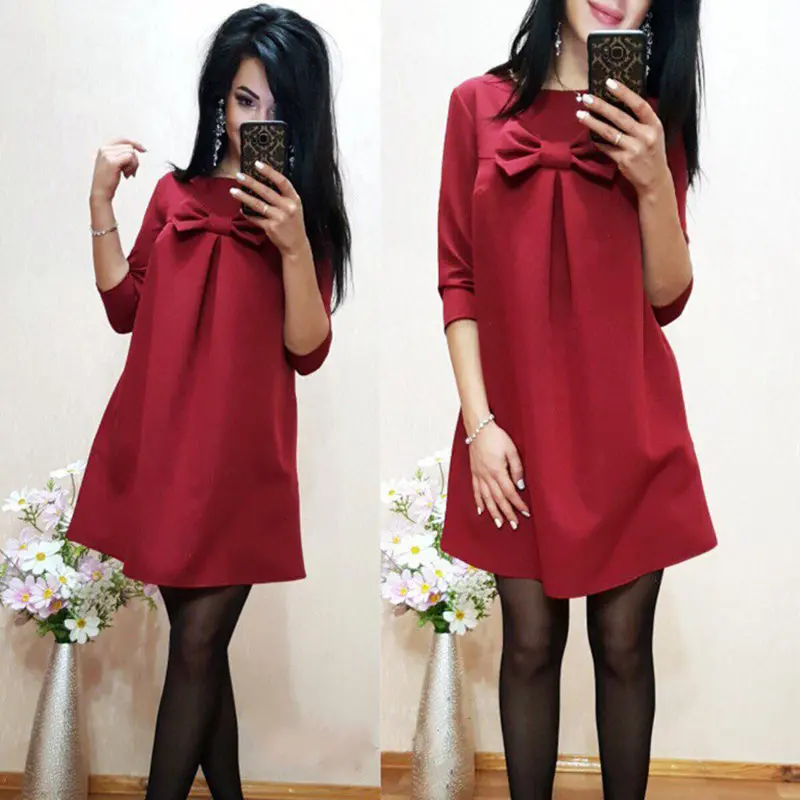 Women Elegant Spring Red Green Dress O-Neck 3/4 Sleeve Casual Loose Dress 1