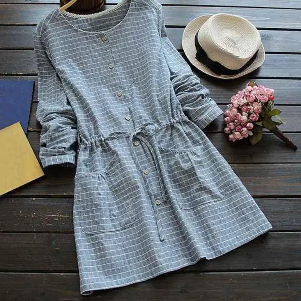Mferlier Mori Girl Autumn Winter Artsy Plaid Dress O Neck Drawstring Waist Sweet Pocket Lace Patchwork Blue Pink Dresses 1
