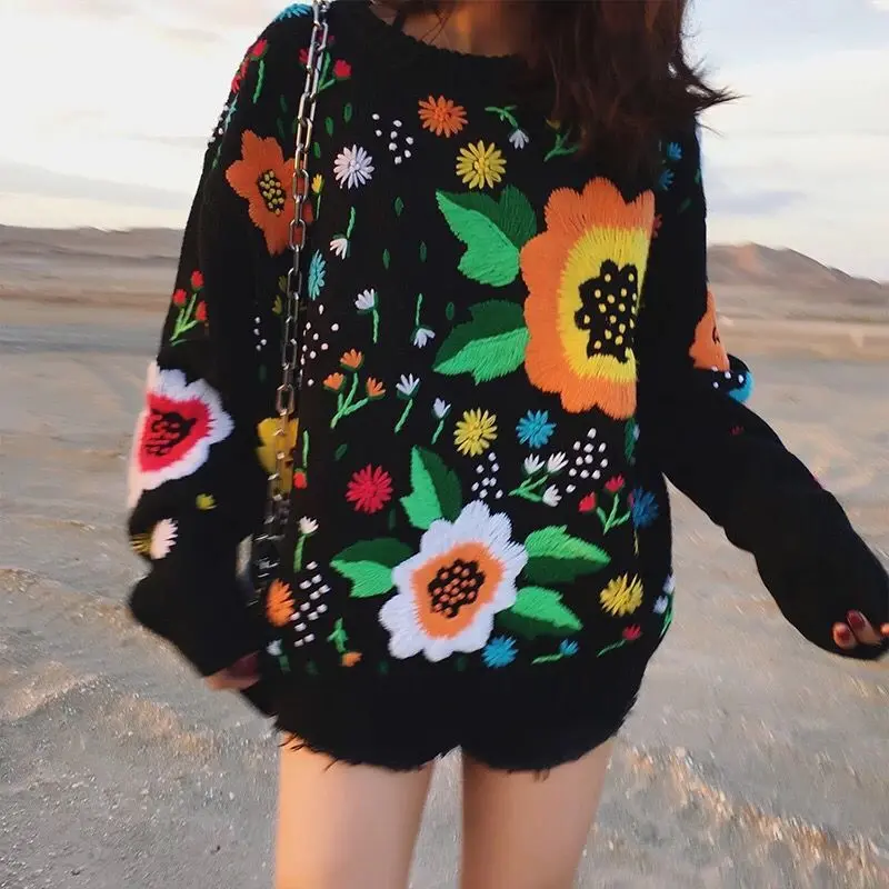 Boho Winter Sweater For Women Black Retro Vintage Runway Flowers Embroidery Sweater Warm Loose Knitted Jumper Womens Sweaters 1