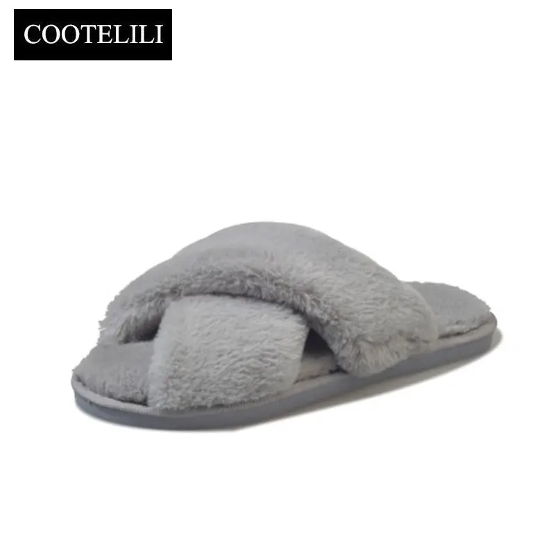 Cootelili Winter Women Home Slippers With Faux Fur Fashion Warm Shoes Woman Slip On Flats Female Slides Black Pink Plus Size 41 1