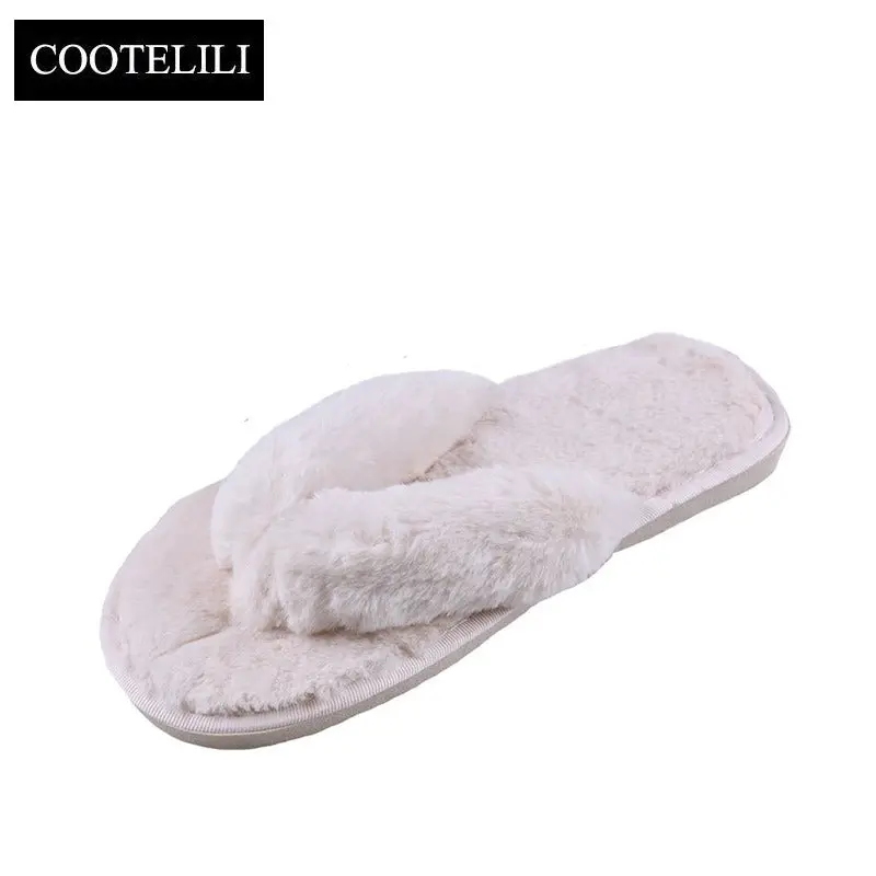 Cootelili Winter Fashion Women Home Slippers Faux Fur Warm Shoes Woman Slip On Flats Female Fur Flip Flops Pink Plus Size 36-41 1