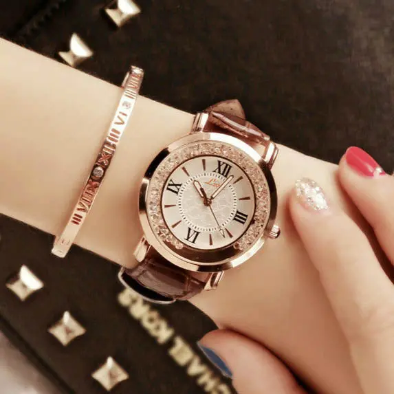 Hot Luxury Brand Diamond Fashion Rhinestone Watch Leather Casual Dress Women's Quartz-Watch Crystal Ladies Wristwatch Drop Ship 3
