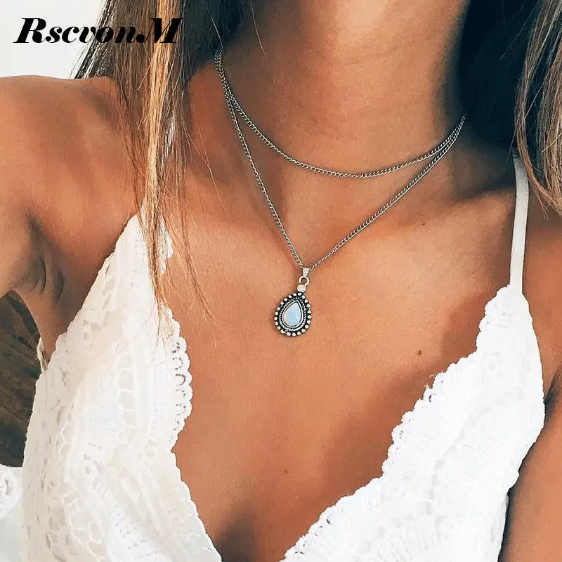 Rscvonm New Fashion Double Horn Necklace Crescent Water Drop Necklace Boho Jewelry Minimal Girlfriend Gift Drop Shipping C135 1