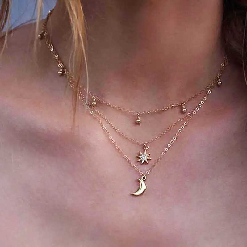 Rscvonm New Boho Jewelry Multi Layer Beads Choker Necklaces For Women Sexy Moon Fashion Pendant Vintage Collier Choker Necklace 1