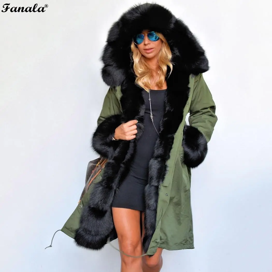 Fanala 2018 Fashion Women's  Faux Fur Lining Hooded Long Coat Parkas Outwear Army Green Large Raccoon Fur Collar Winter Jacket 1