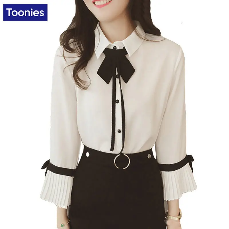Chiffon Shirts Women Blouses 2018 Spring Autumn Fashion Preppy Casual Blouse Bow Tie Long Trumpet Sleeve Women's Shirt 1