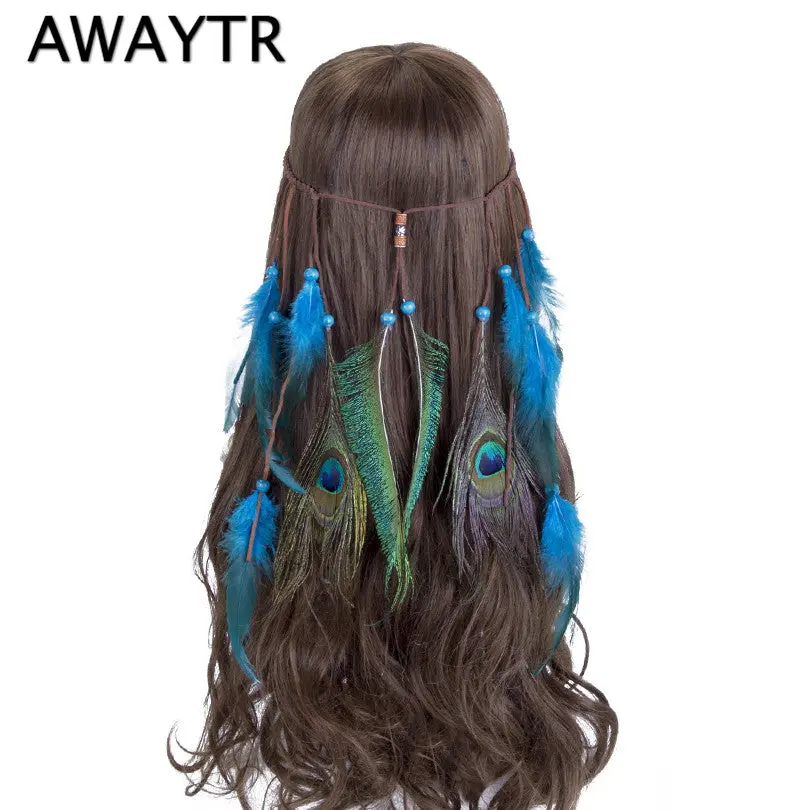 Feather Head Band Awaytr Feather Headband Hippie Bohemian Indian Women Blue Feathers Hippy American Native Hair Accessories 1