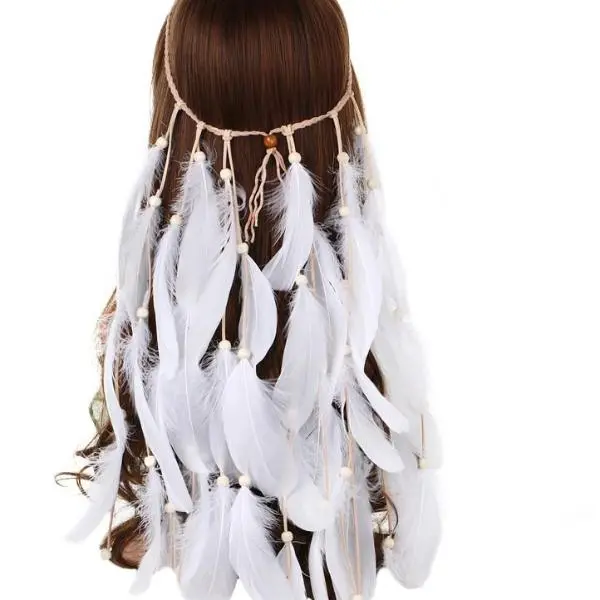 Awaytr Boho White Red Pink Feather Headband Women Festival Wedding Headwear Gypsy Feather Rope Crown Headdress Hair Accessories 1