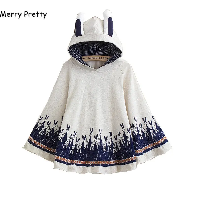 Merry Pretty Cloak Outerwear Women Autumn Rabbit Print Ear Stereo Hoodies Coat Cotton Pullover Poncho Jacket Cloak Hooded Coat 1