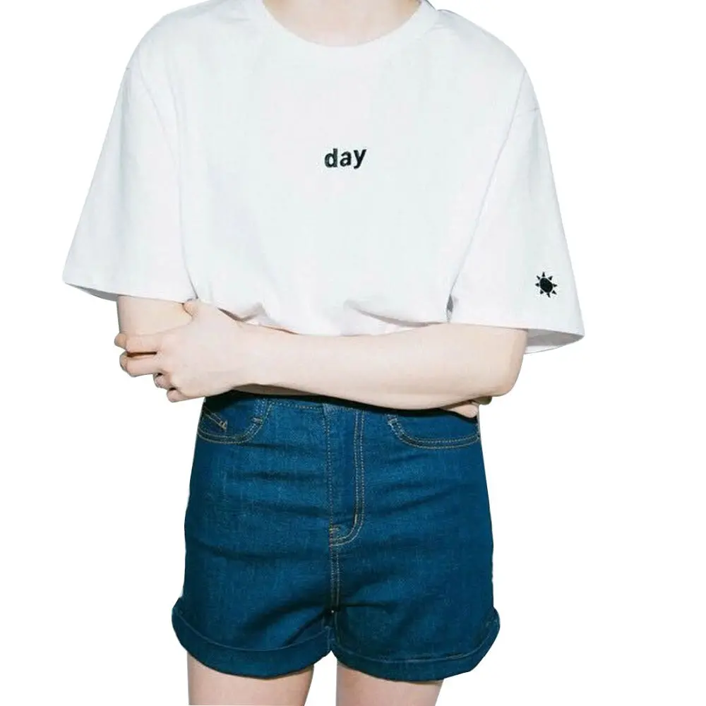 2018 Summer Harajuku Embroidery Letter Moon Night Day Sun Women T Shirt Top Tees Black/White Sisters Short Sleeve O-Neck 1