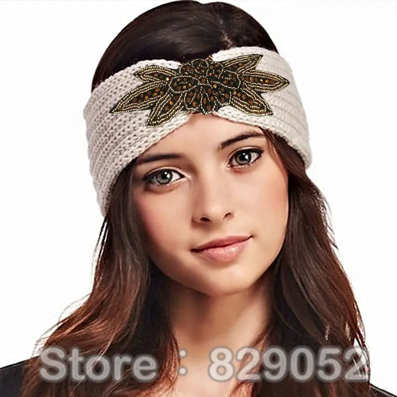 Boho Shiny Knitted Wool Headband For Women Girls Beaded Flower Turban Headbands Headwrap Winter Ear Warmer Hair Accessories 1