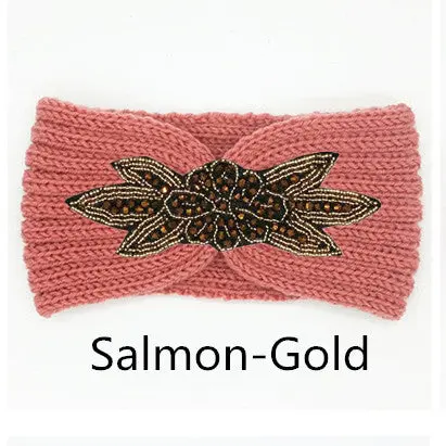 Boho Shiny Knitted Wool Headband For Women Girls Beaded Flower Turban Headbands Headwrap Winter Ear Warmer Hair Accessories 13