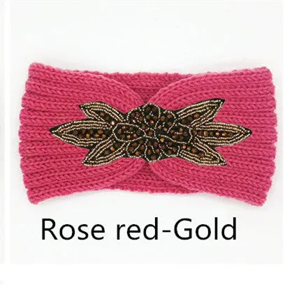 Boho Shiny Knitted Wool Headband For Women Girls Beaded Flower Turban Headbands Headwrap Winter Ear Warmer Hair Accessories 5