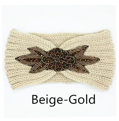 Boho Shiny Knitted Wool Headband For Women Girls Beaded Flower Turban Headbands Headwrap Winter Ear Warmer Hair Accessories 15