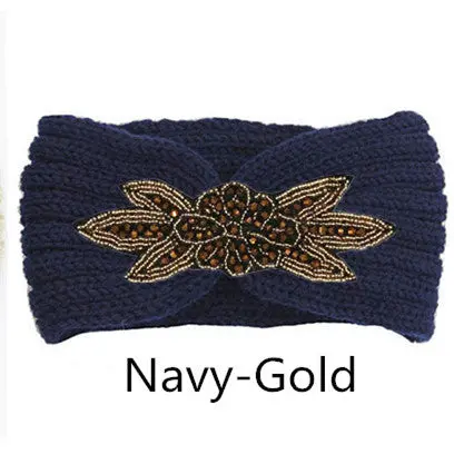 Boho Shiny Knitted Wool Headband For Women Girls Beaded Flower Turban Headbands Headwrap Winter Ear Warmer Hair Accessories 10
