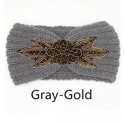 Boho Shiny Knitted Wool Headband For Women Girls Beaded Flower Turban Headbands Headwrap Winter Ear Warmer Hair Accessories 5