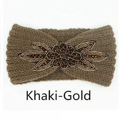 Boho Shiny Knitted Wool Headband For Women Girls Beaded Flower Turban Headbands Headwrap Winter Ear Warmer Hair Accessories 7