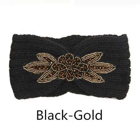 Boho Shiny Knitted Wool Headband For Women Girls Beaded Flower Turban Headbands Headwrap Winter Ear Warmer Hair Accessories 7