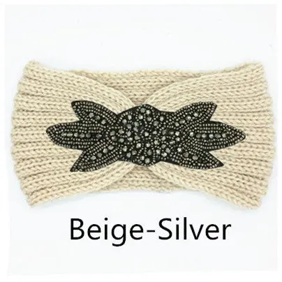 Boho Shiny Knitted Wool Headband For Women Girls Beaded Flower Turban Headbands Headwrap Winter Ear Warmer Hair Accessories 12