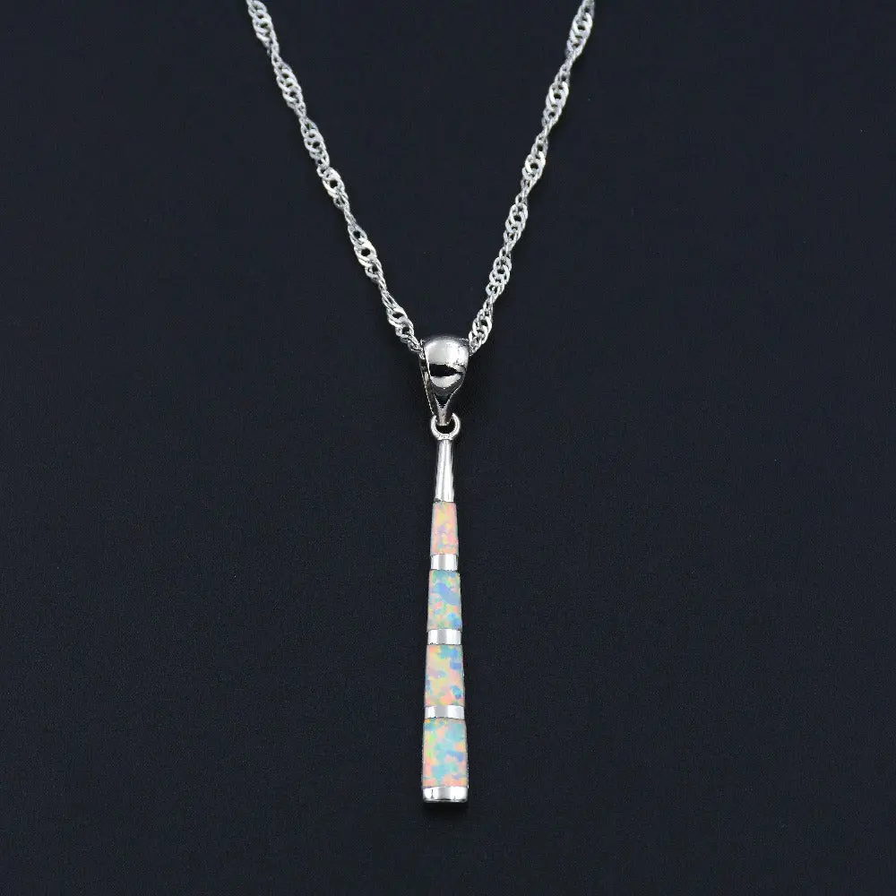 Chic White Fire Opal Stone Baseball Bat Design Pendant Necklace 1