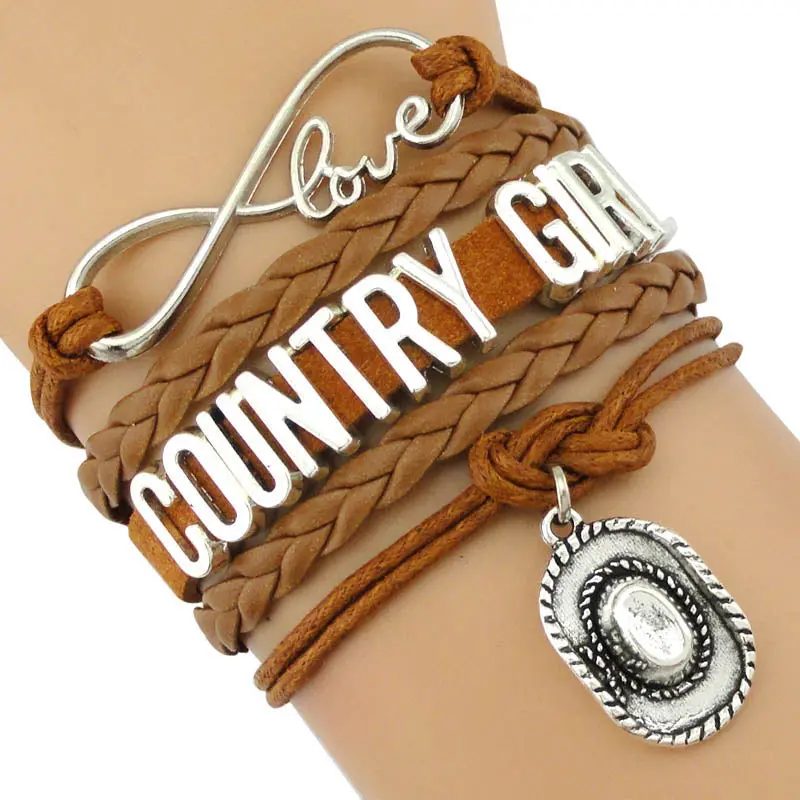 Country Boy Girl Cowboy Cowgirl Hat Boots Infinity Charm Bracelets Antique Silver Handmade Adjustable Jewelry Women Men Gift 1