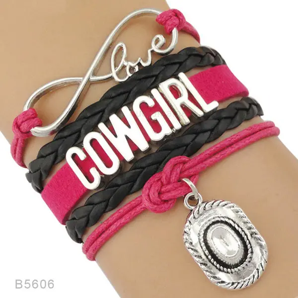 Country Boy Girl Cowboy Cowgirl Hat Boots Infinity Charm Bracelets Antique Silver Handmade Adjustable Jewelry Women Men Gift 6