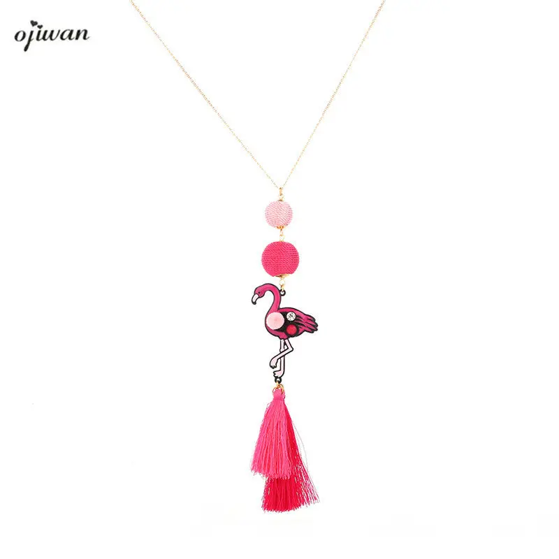 Ojiwan Boho Flamingo Necklace Gypsy Thread Ball Tassel Necklace Hippie Collier Pompon Cowgirl Indian Native American Jewelry 1