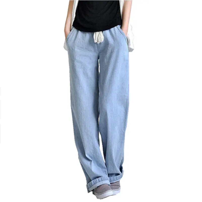 New Plus Size Comfortable Washed Blue Loose Wide Leg Denim Pants Women's Jeans Elastic Waist Cowboy Full Long Trousers Pants 1