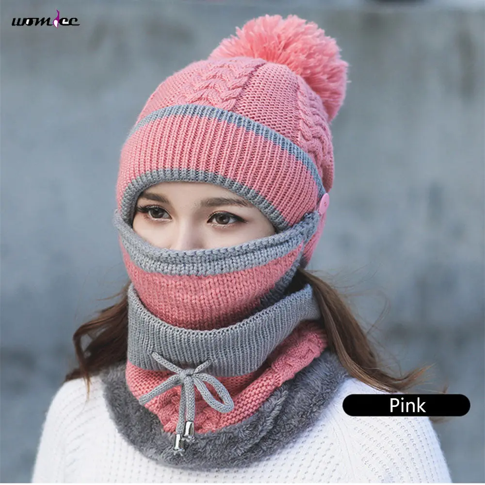 2017 Women Hat Scarf Winter Sets Cap Mask Collar Face Protection Girls Cold Weather Accessory Women Ball Caps Scarf Knitted Wool 1