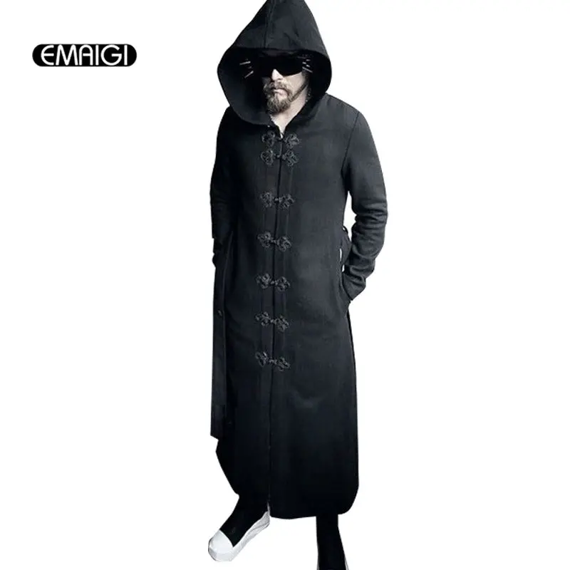 Men Hoody Wool Trench Coat Male Fashion Long Belt Trench Jacket Gothic Punk Style Hooded Woolen Windbreaker Stage Costume 1