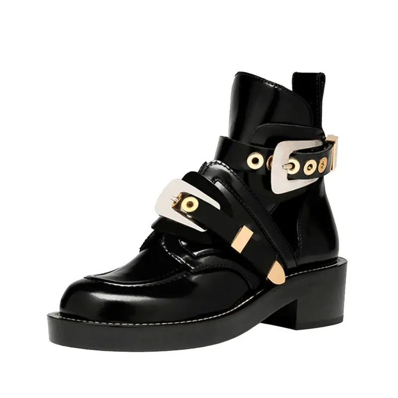 Women Ankle Motorcycle Martin Boots Hollow Out Autumn Shoes Patent Leather Fashion Black Ladies Booties Metal Buckle 100411 1