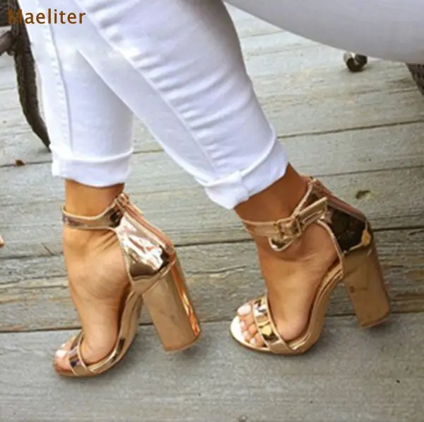 Women Chic Champagne Patent Leather Sandals Square Thick High Heels Pumps Covered Heel Single Strap Gladiator Shoes Golden Pumps 1