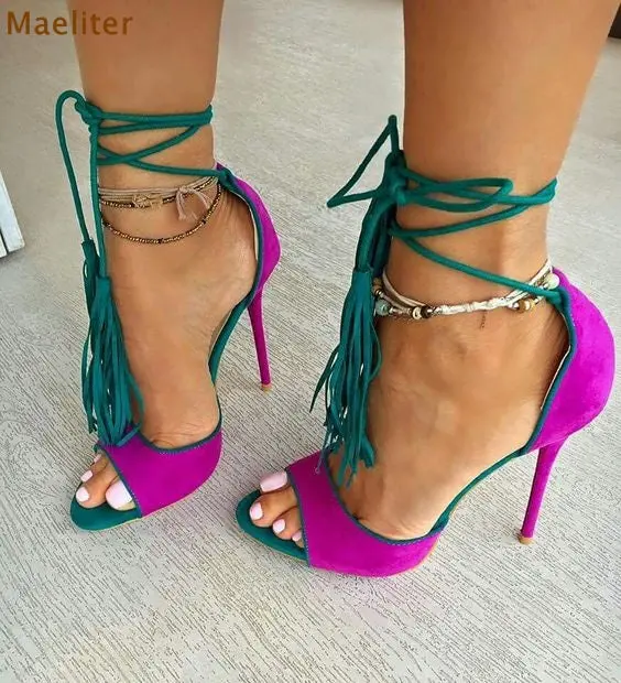 Women Chic Fuchsia Suede Fringe Sandals Concise Ultra High Heels Lace-Up Tassel Shoes Rose Red Yellow Cross Tied Dress Pumps 1