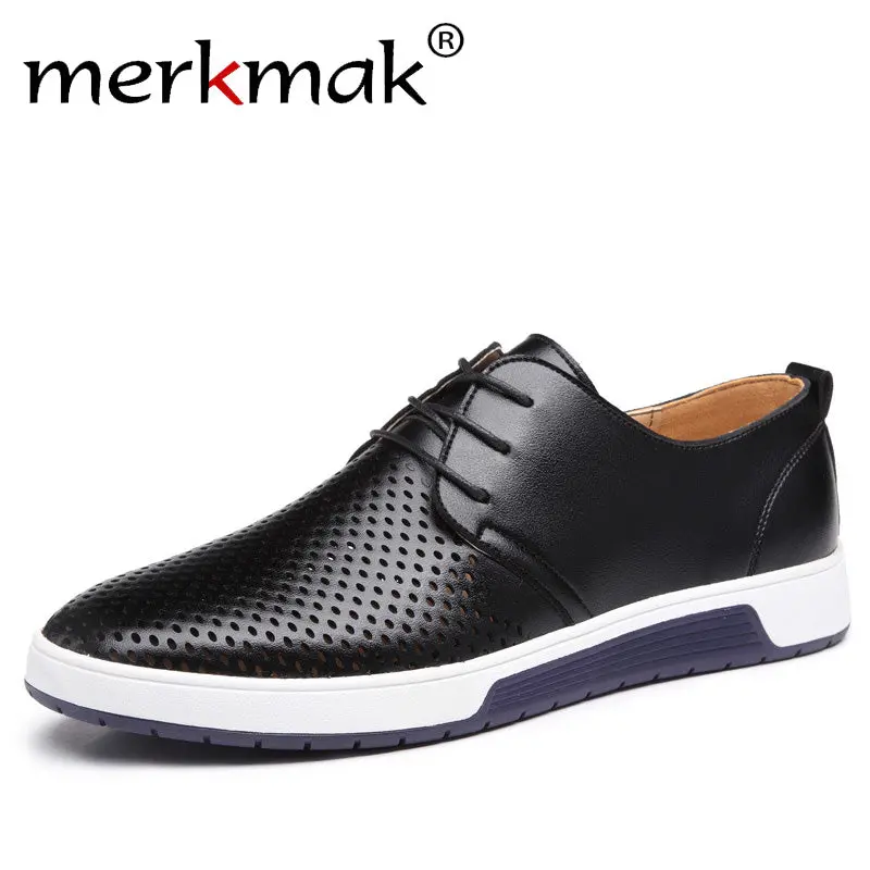 Merkmak New 2018 Men Casual Shoes Leather Summer Breathable Holes Luxury Brand Flat Shoes For Men Drop Shipping 1