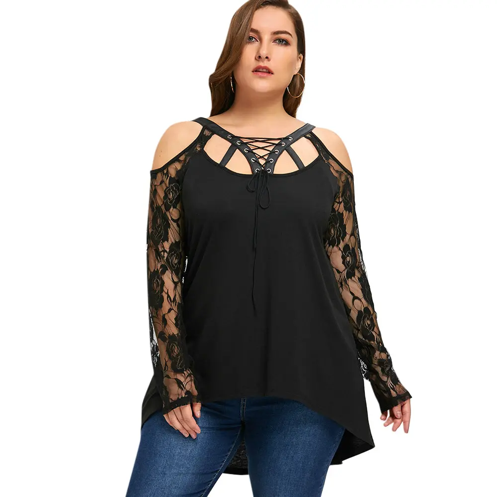 Gamiss Autumn Spring Top T-Shirt Women Halloween Plus Size Cold Shoulder Lace Up Top Black Lace T-Shirt Long Sleeve Big Size 5Xl 1