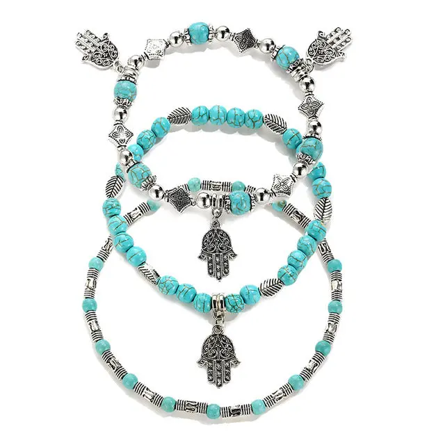 17Km 3Pcs Vintage Hamsa Hand Bracelets & Bangles For Women Femme Stone Beads Charm Diy Love Bracelet Bijoux Ethnic Boho Jewelry 2
