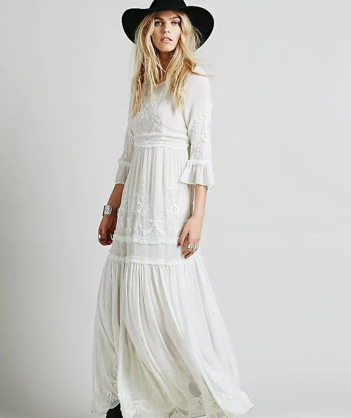 2018 New Free Shipping Bohemia Embroidery Maxi Dress Women's White Ruffles Elegant Sweet Long Loose Dress Fashion Party Dresses 1