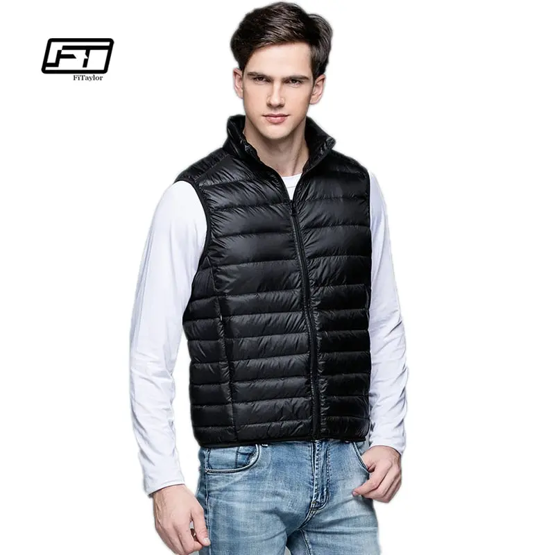 Fitaylor New Winter Men Down Vest Ultra Light 90% White Duck Down Outwear Sleeveless Warm Slim Waistcoat Black Wine Red 1