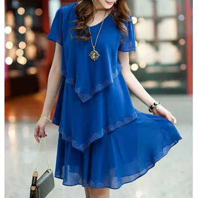 Stylish 5XL plus size chiffon dress for women—perfect for summer, parties, or casual wear; features short sleeves and a chic blue-and-black design. - Image 4