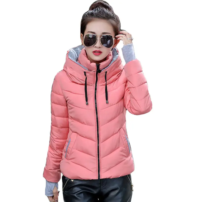2018 Hooded Women Winter Jacket Short Cotton Padded Womens Coat Autumn Casaco Feminino Inverno Solid Color Parka Stand Collar 1