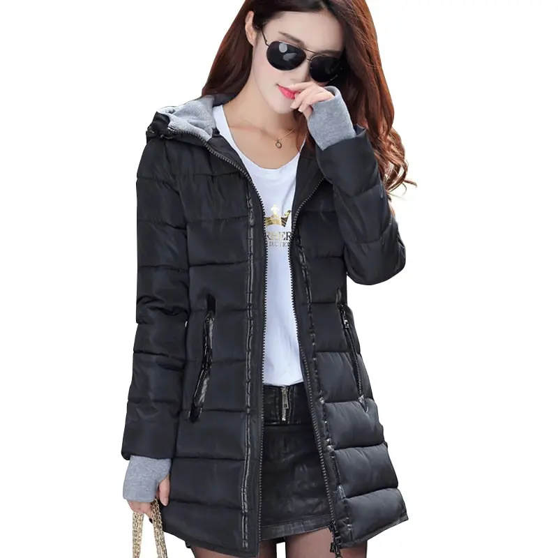 2018 Women Winter Hooded Warm Coat Slim Plus Size Candy Color Cotton Padded Basic Jacket Female Medium-Long  Jaqueta Feminina 1