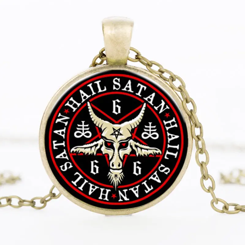 Suteyi Vintage Bronze Pentagram Necklace Red Goat Head Glass Dome Pendant Baphomet Necklaces For Mens Satanism Gothic Jewelry 1
