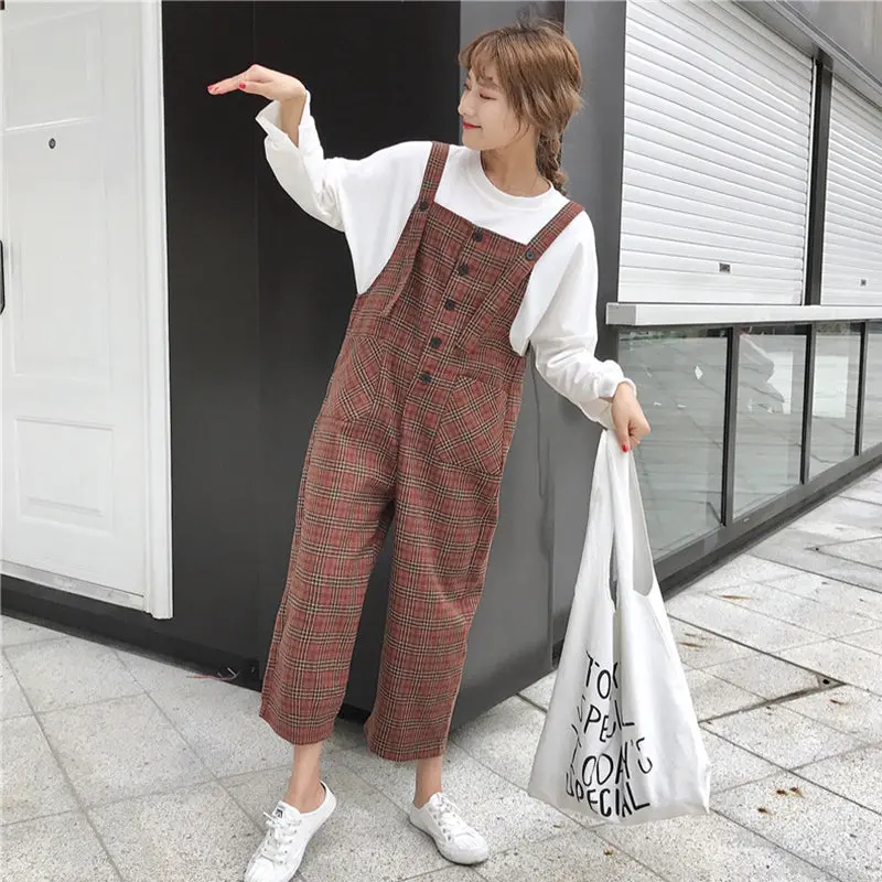 Korean Preppy Style Cute Girls' Overalls Japanese Vintage Casual Loose Plaid Wide Leg Women Pants Strap Backless Cool Jumpsuits 1