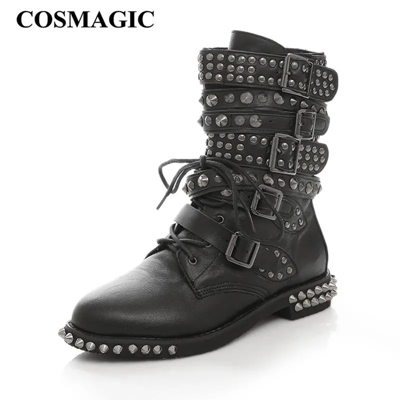 Cosmagic 2017 New Leather Rivet Buckle Women Martin Boots Winter Lace Up Gothic Punk Round Toe Platform Motorcycle Boots Shoes 1
