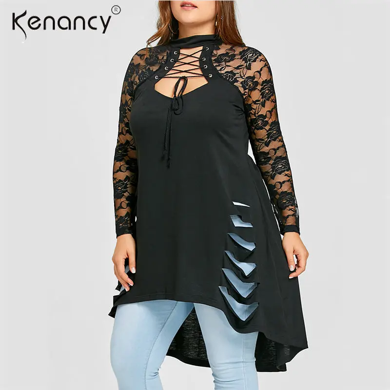 Kenancy Gothic 5Xl Plus Size Sexy Lace Trim Cut Out Black T Shirt Women Lace Sleeve Mock Neck High Low Hem Shredded Women Tops 1