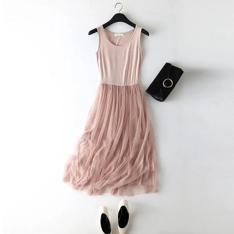2018 New Sexy Spaghetti Strap Patchwork Mesh Dress Spring Summer Women Gauze Lace Tank Dress Basic Sundress Party Vestidos 1