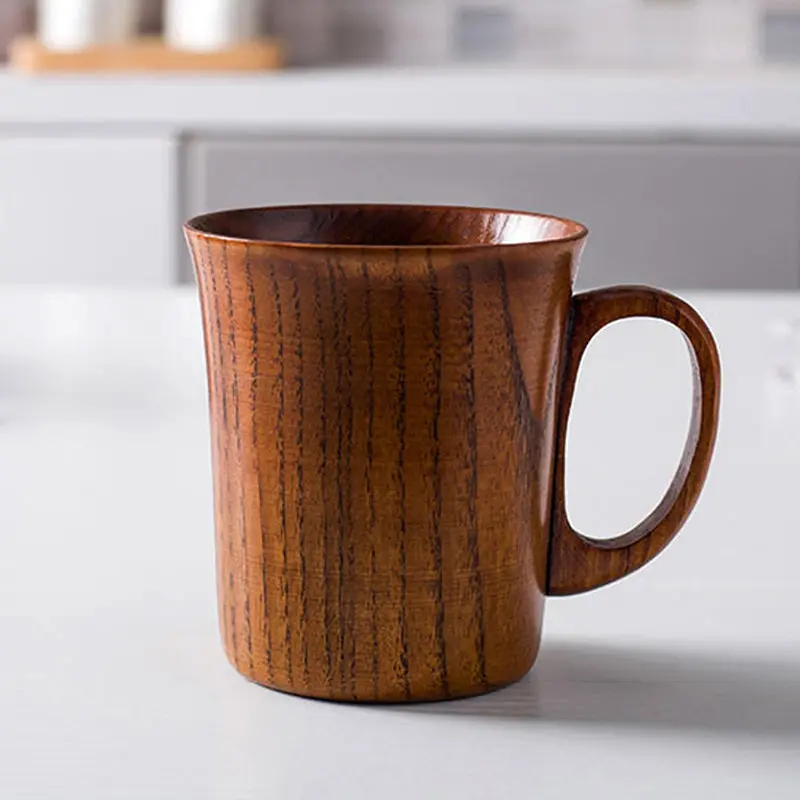 1Pc Wooden Cups Coffee Beer Mug Teacups Classic Wood Cups & Mugs With Handgrip 2 Designs Home Office Mug Wood Utensils Gift Cups 1