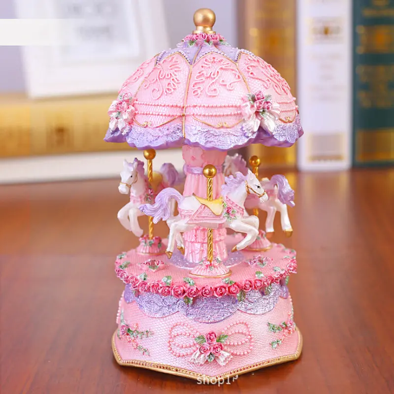 Flashing Led Light Resin Carousel Music Box Kids Girls Valentine's Day Birthday Christmas Gift Toy Wedding Home Decor Crafts 1